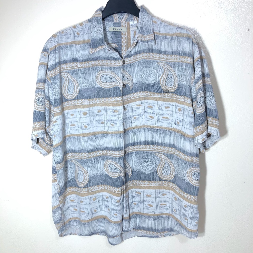 Summa Paisley Silk Shirt Pastel Blue Mens Short Sleeve Summer Vacation